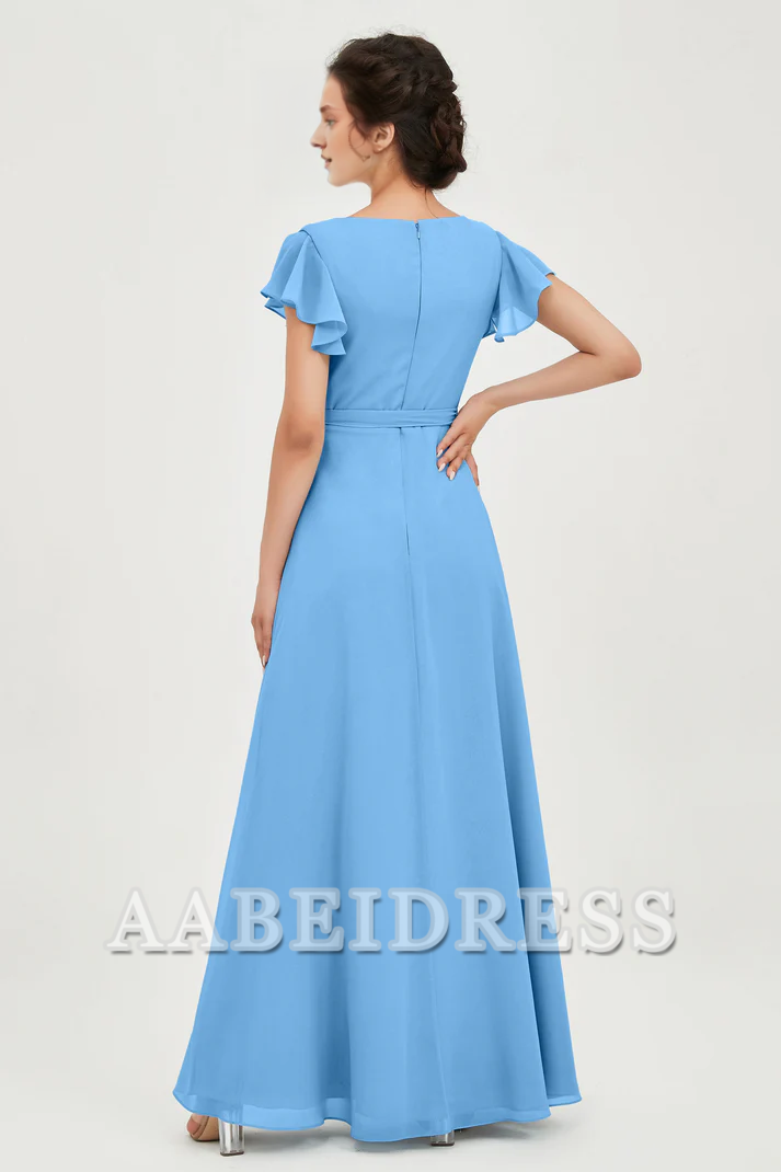 AABEI DRESS Bridesmaid Dresses Chiffon A-Line V-neck Flutter Sleeves Pleated Lace up Floor-Length Elegant Simple Wedding Guests Dresse
