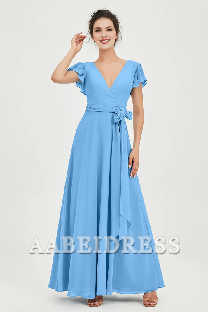 AABEI DRESS Bridesmaid Dresses Chiffon A-Line V-neck Flutter Sleeves Pleated Lace up Floor-Length Elegant Simple Wedding Guests Dresse
