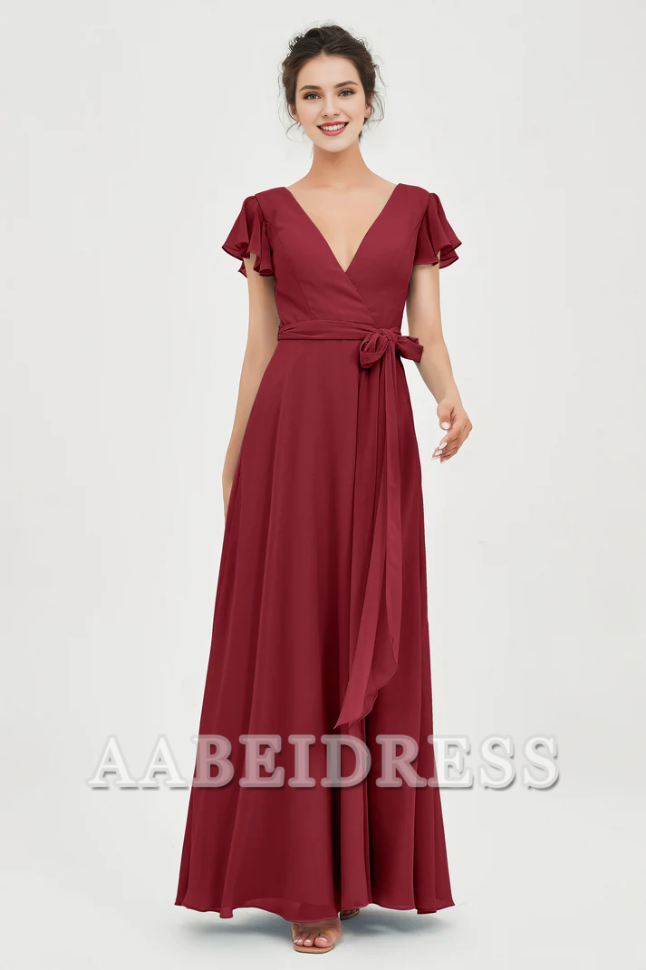 AABEI DRESS Bridesmaid Dresses Chiffon A-Line V-neck Flutter Sleeves Pleated Lace up Floor-Length Elegant Simple Wedding Guests Dresse