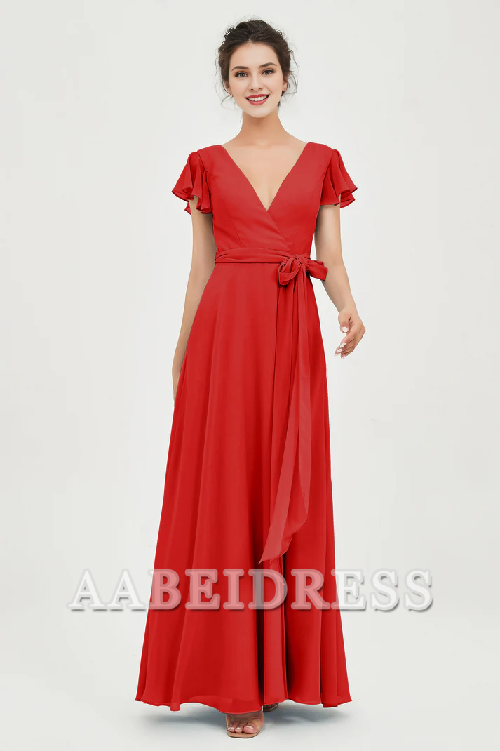 AABEI DRESS Bridesmaid Dresses Chiffon A-Line V-neck Flutter Sleeves Pleated Lace up Floor-Length Elegant Simple Wedding Guests Dresse