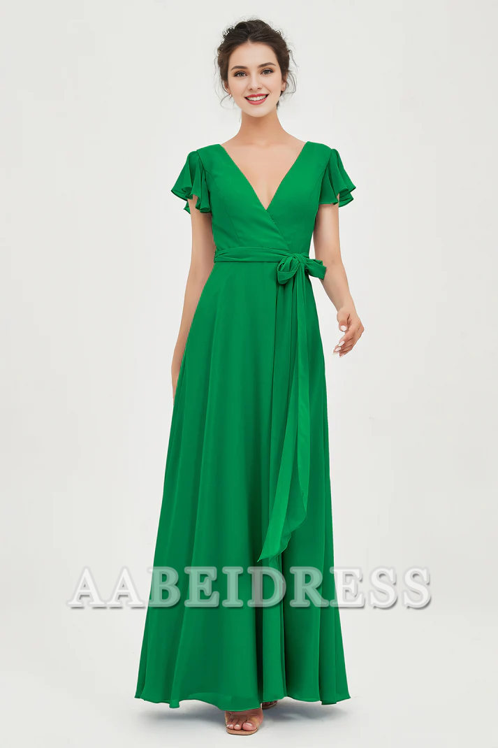AABEI DRESS Bridesmaid Dresses Chiffon A-Line V-neck Flutter Sleeves Pleated Lace up Floor-Length Elegant Simple Wedding Guests Dresse