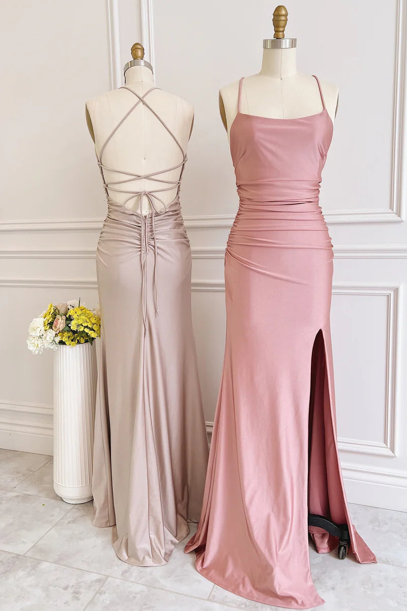 Bridesmaid Dress Satin Lace-Up Sheath Long with Slit