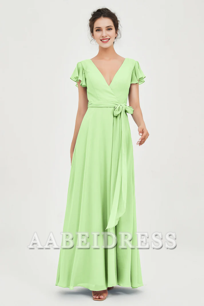 AABEI DRESS Bridesmaid Dresses Chiffon A-Line V-neck Flutter Sleeves Pleated Lace up Floor-Length Elegant Simple Wedding Guests Dresse
