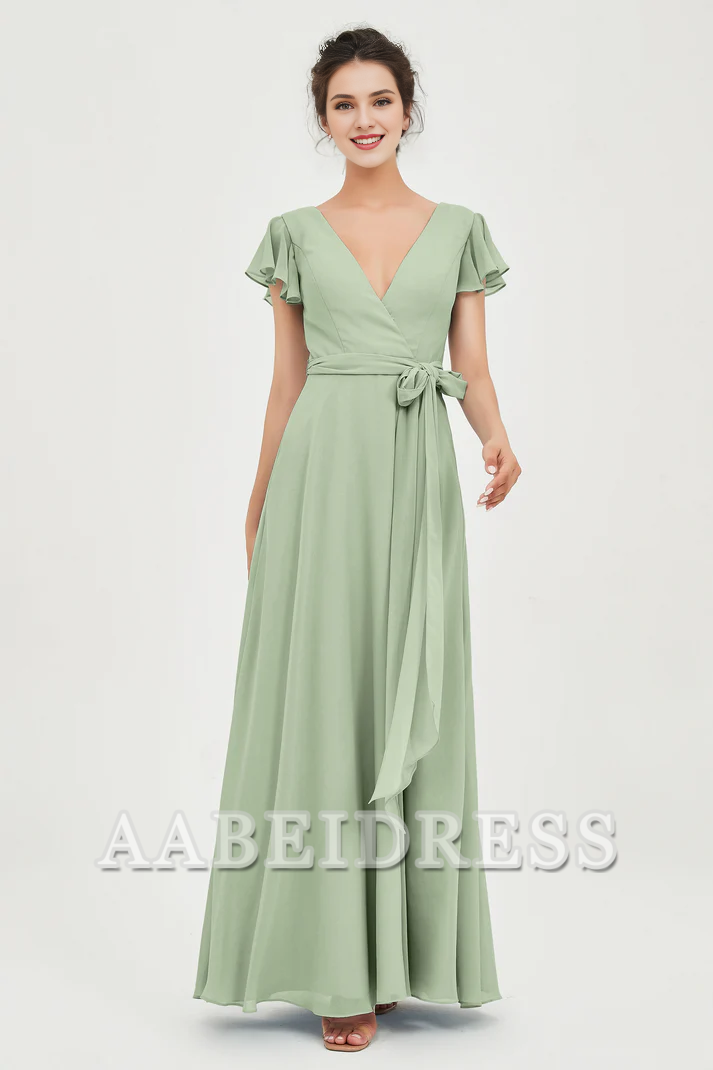 AABEI DRESS Bridesmaid Dresses Chiffon A-Line V-neck Flutter Sleeves Pleated Lace up Floor-Length Elegant Simple Wedding Guests Dresse
