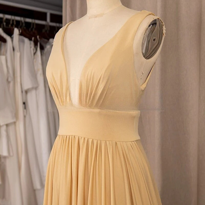 Bridesmaid Dress Elegant A-Line V-Neck Satin Backless Ruffles Sleeveless with Split