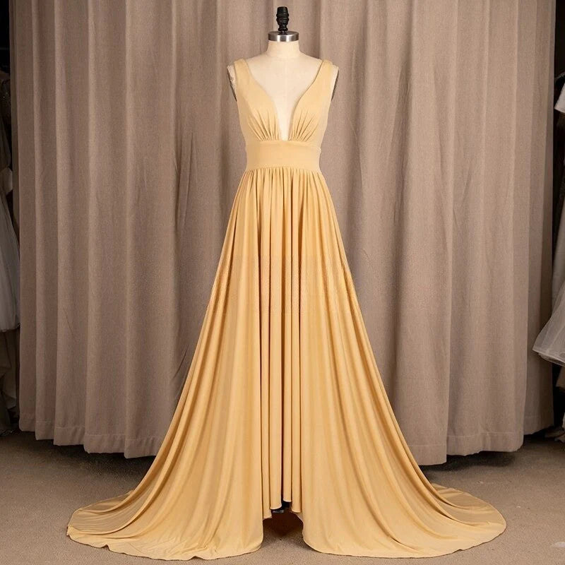 Bridesmaid Dress Elegant A-Line V-Neck Satin Backless Ruffles Sleeveless with Split