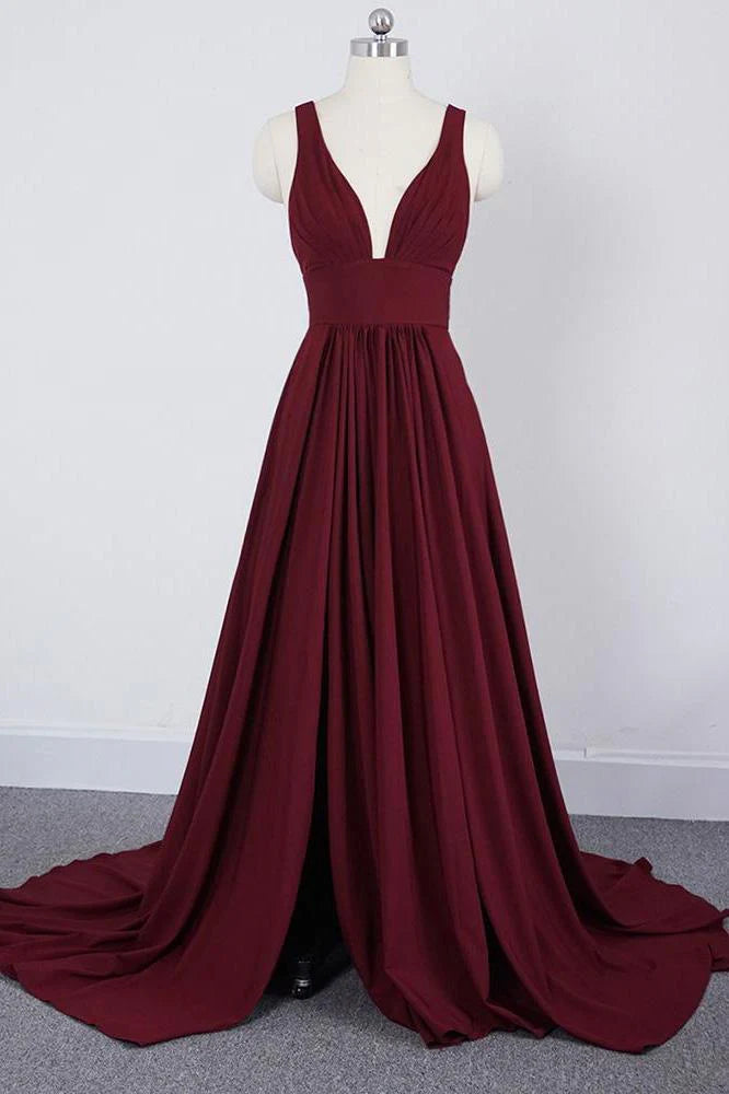 Bridesmaid Dress Elegant A-Line V-Neck Satin Backless Ruffles Sleeveless with Split