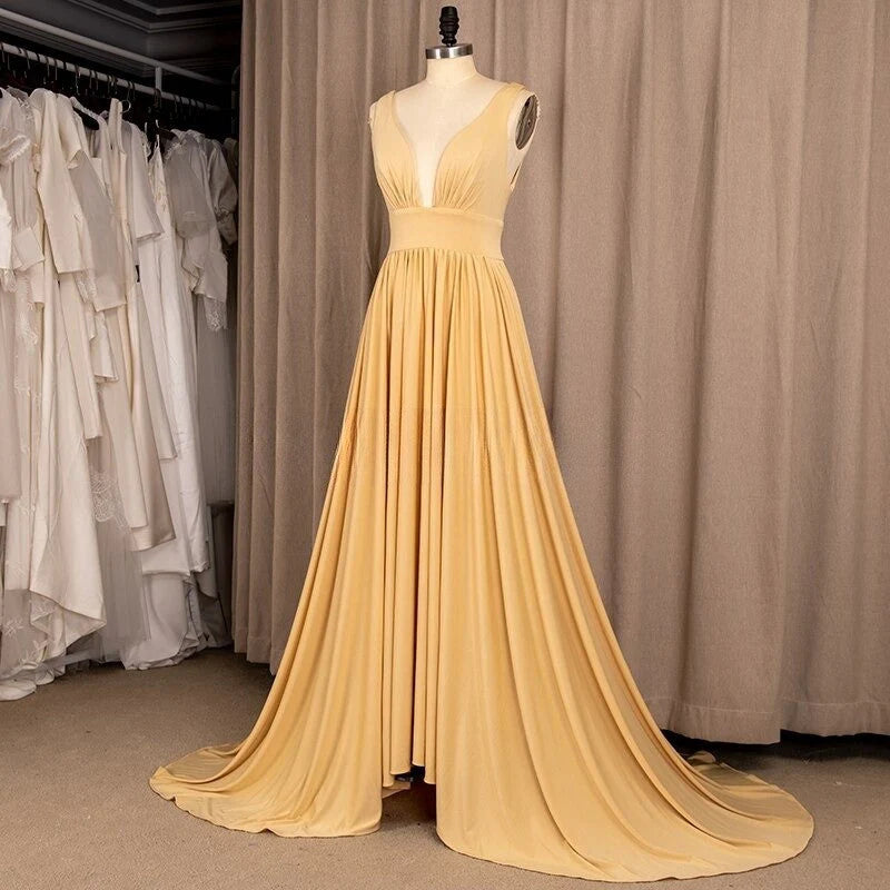 Bridesmaid Dress Elegant A-Line V-Neck Satin Backless Ruffles Sleeveless with Split