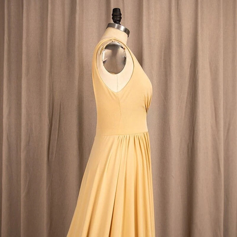 Bridesmaid Dress Elegant A-Line V-Neck Satin Backless Ruffles Sleeveless with Split