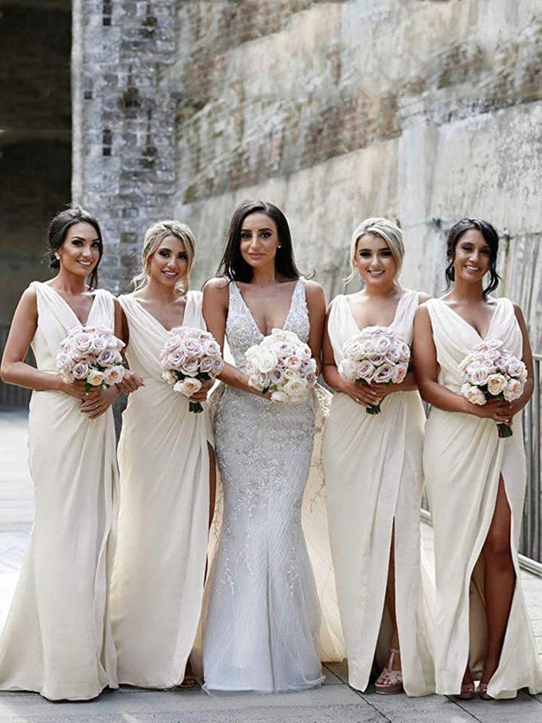 Bridesmaid Dresses Simple V Neck Sleeveless Sheath Pleated Long With Slit