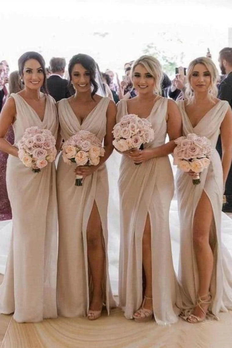 Bridesmaid Dresses Simple V Neck Sleeveless Sheath Pleated Long With Slit