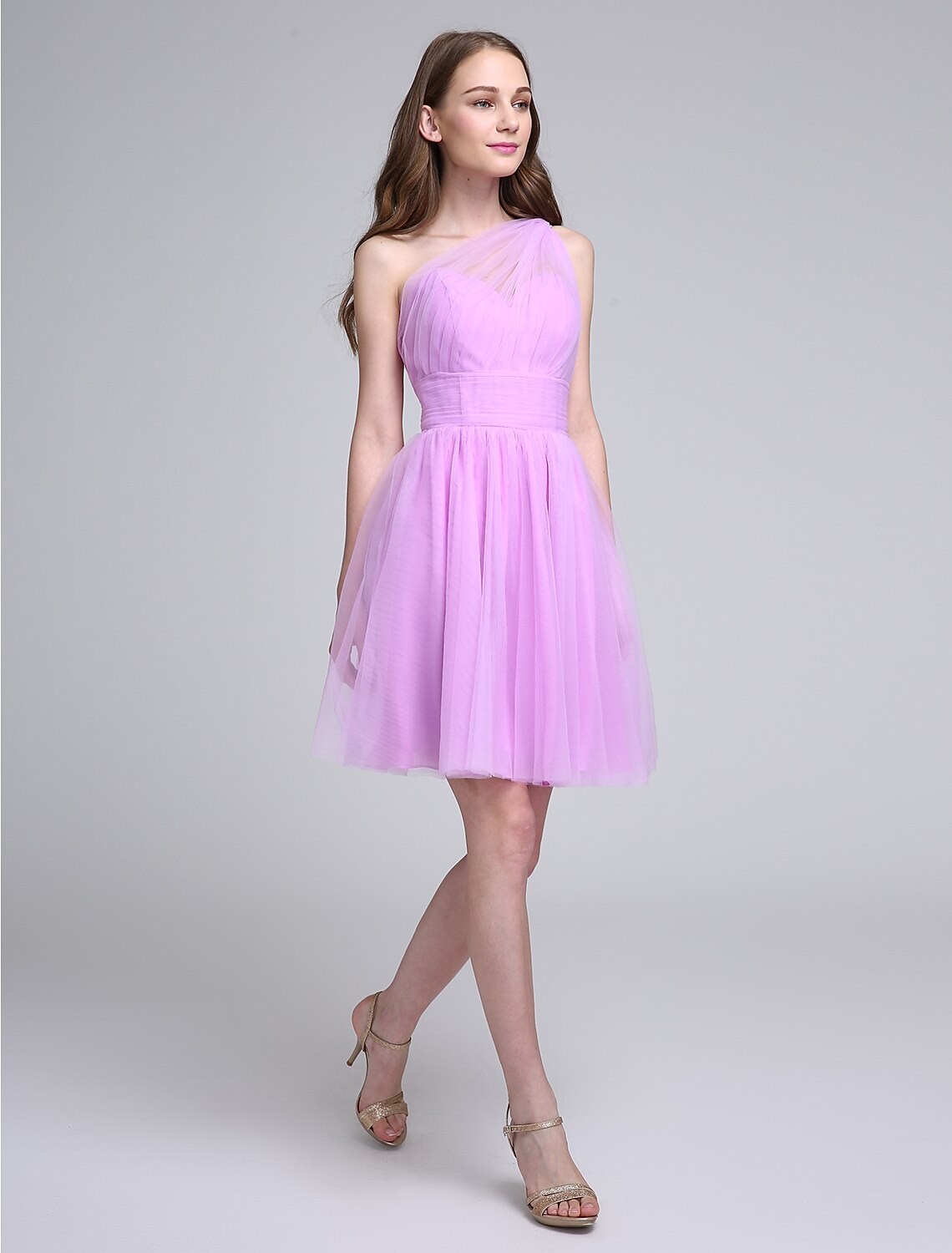 A-Line Bridesmaid Dress One Shoulder Sleeveless Knee Length Tulle with Ruched / Side Draping