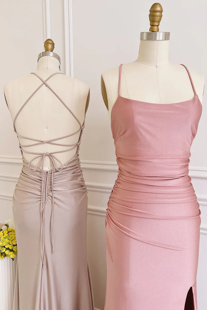 Bridesmaid Dress Satin Lace-Up Sheath Long with Slit