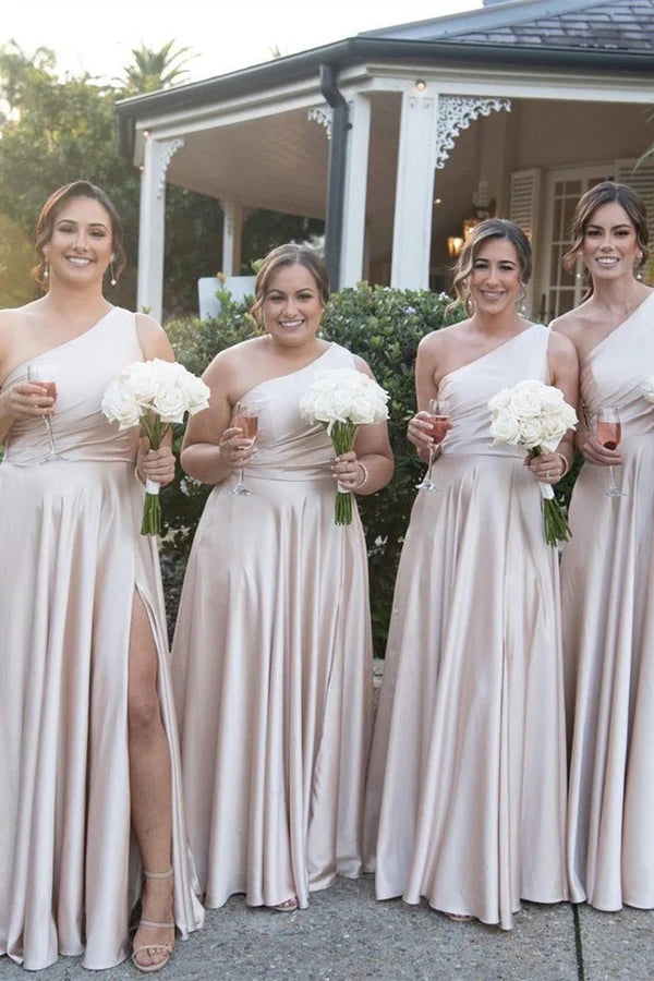 Bridesmaid Dress One Shoulder A-line Satin Long with Slit