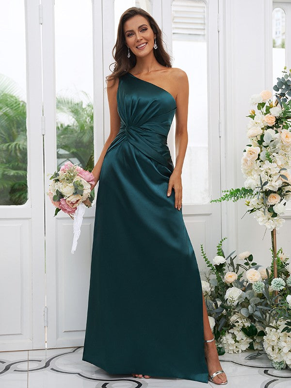 Sheath/Column Woven Satin Ruched One-Shoulder Sleeveless Floor-Length Bridesmaid Dresses