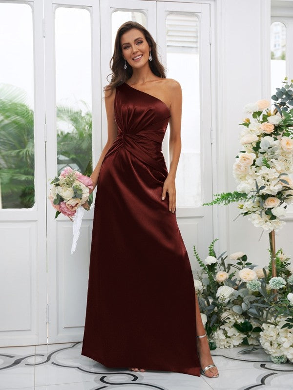 Sheath/Column Woven Satin Ruched One-Shoulder Sleeveless Floor-Length Bridesmaid Dresses