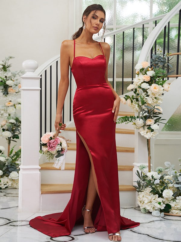 Sheath/Column Woven Satin Ruched Square Sleeveless Sweep/Brush Train Bridesmaid Dresses