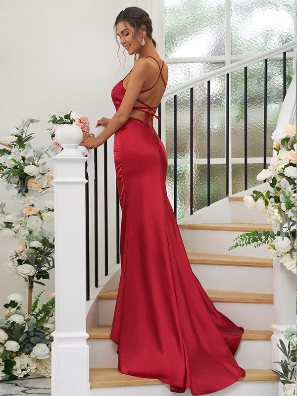 Sheath/Column Woven Satin Ruched Square Sleeveless Sweep/Brush Train Bridesmaid Dresses