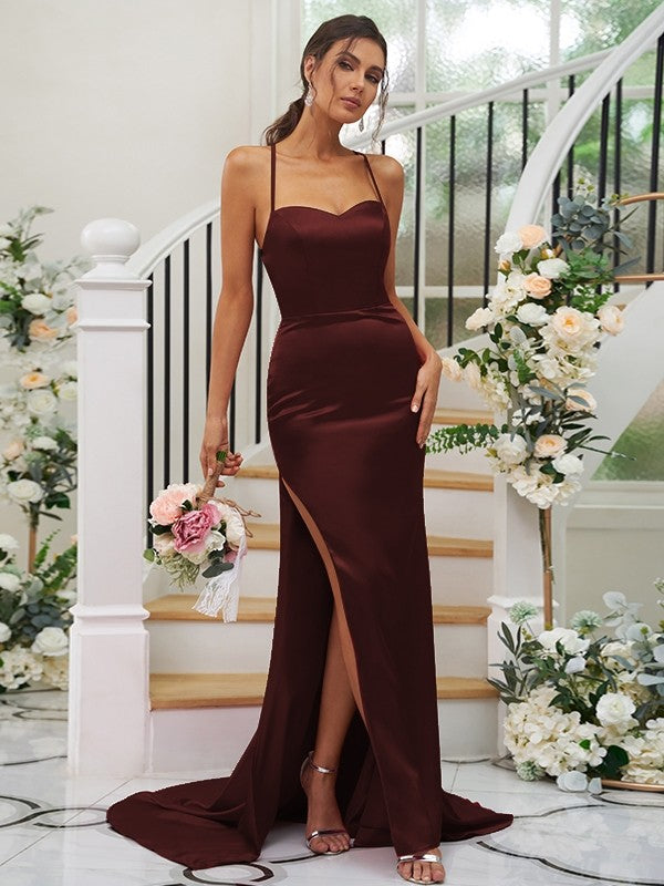 Sheath/Column Woven Satin Ruched Square Sleeveless Sweep/Brush Train Bridesmaid Dresses