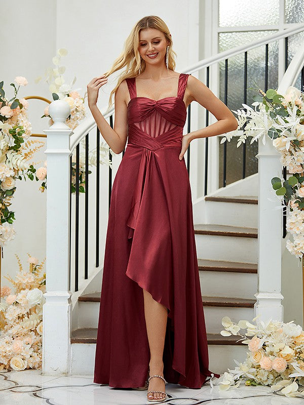 A-Line/Princess Woven Satin Ruched Straps Sleeveless Asymmetrical Bridesmaid Dresses