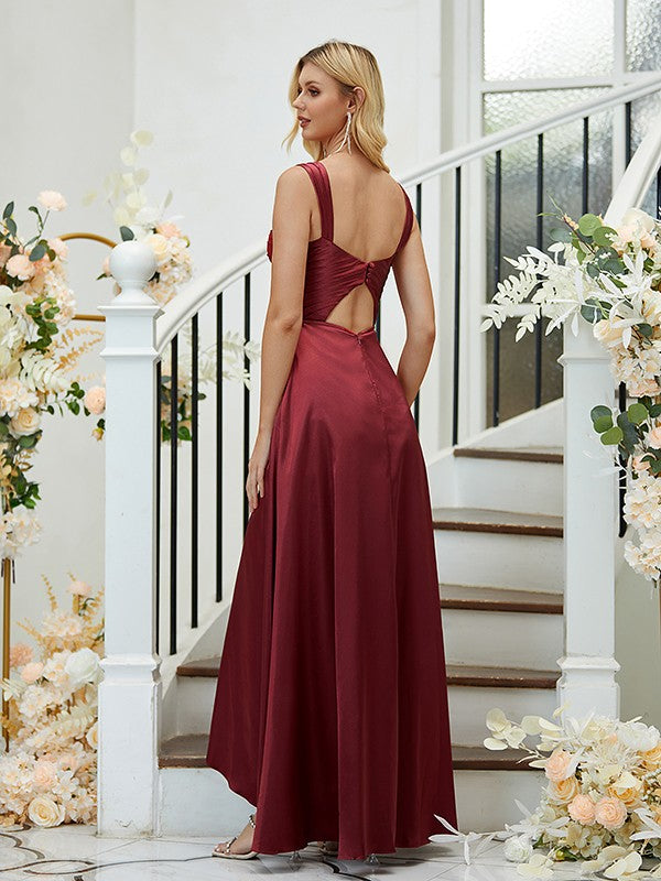 A-Line/Princess Woven Satin Ruched Straps Sleeveless Asymmetrical Bridesmaid Dresses