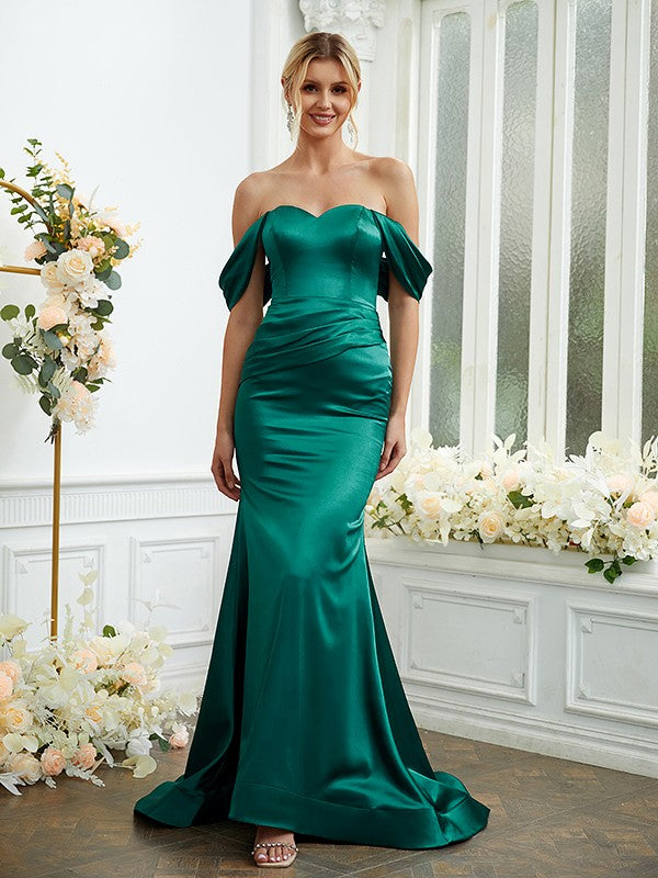 Sheath/Column Woven Satin Ruched Off-the-Shoulder Sleeveless Sweep/Brush Train Bridesmaid Dresses