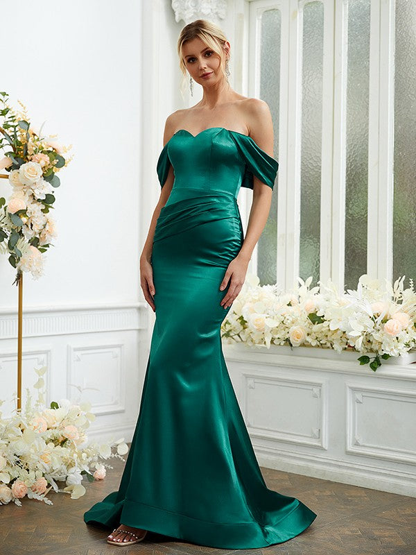 Sheath/Column Woven Satin Ruched Off-the-Shoulder Sleeveless Sweep/Brush Train Bridesmaid Dresses