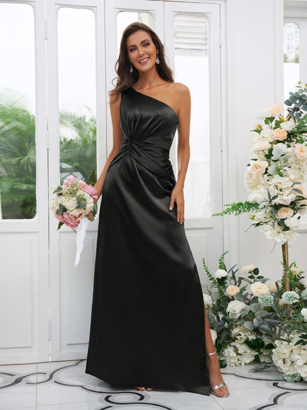 Sheath/Column Woven Satin Ruched One-Shoulder Sleeveless Floor-Length Bridesmaid Dresses