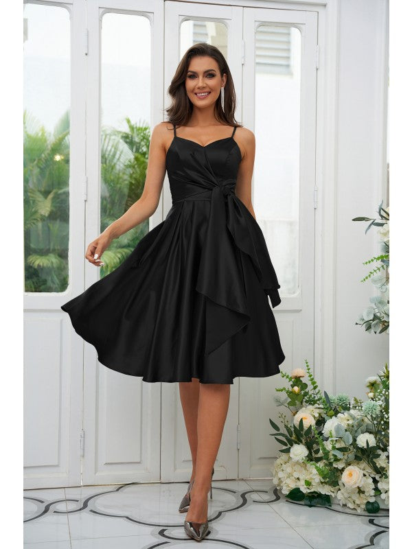 A-Line/Princess Woven Satin Ruffles Spaghetti Straps Sleeveless Knee-Length Bridesmaid Dresses