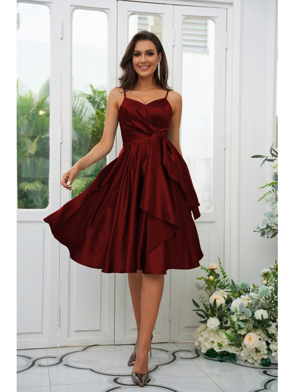 A-Line/Princess Woven Satin Ruffles Spaghetti Straps Sleeveless Knee-Length Bridesmaid Dresses