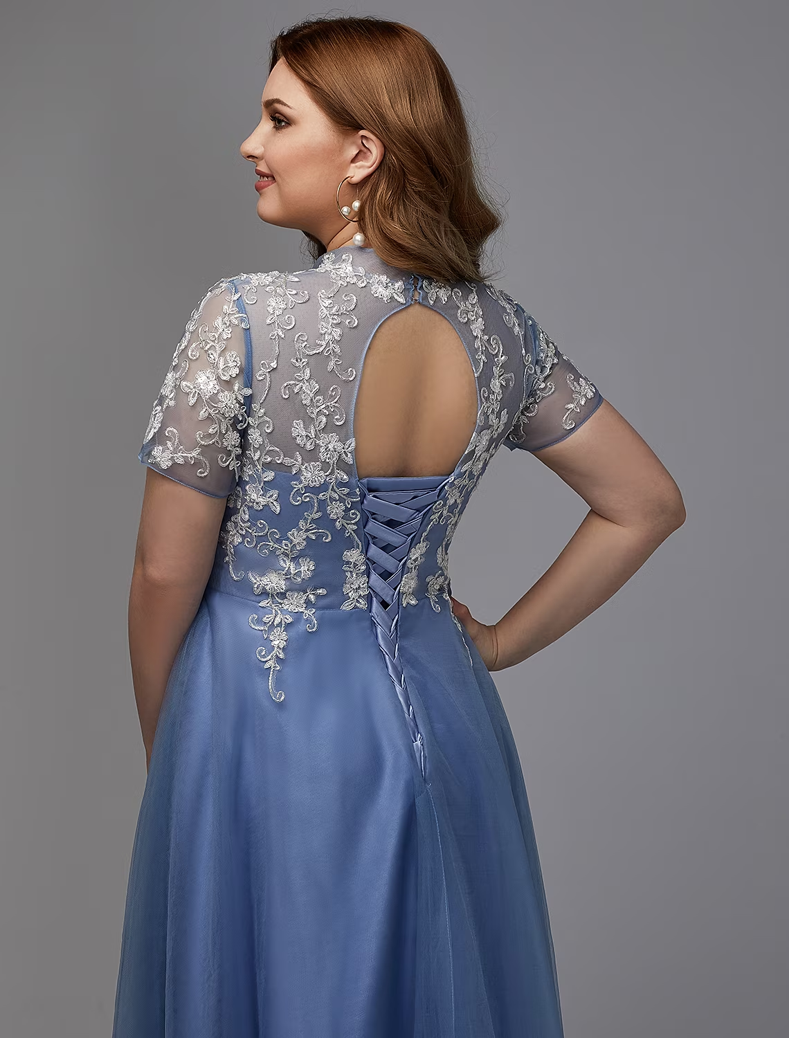 A-Line Plus Size Dress Wedding Guest Floor Length Short Sleeve High Neck Lace Lace-up with Appliques Mother of the Bride Dresses