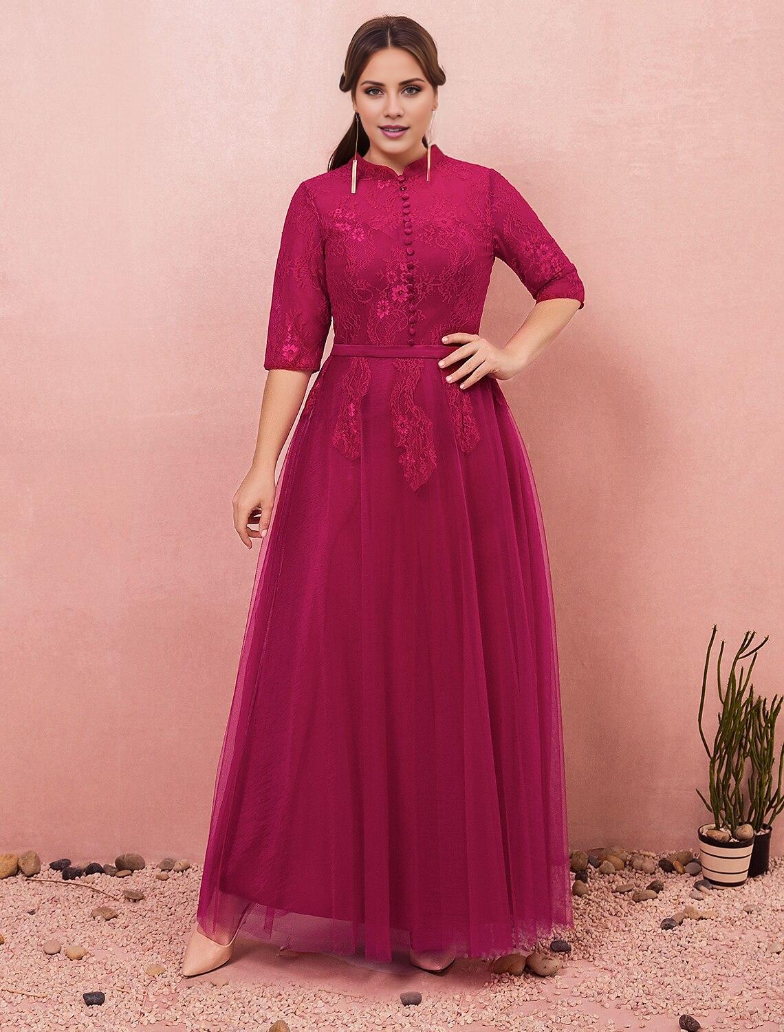 A-Line Chinese Style Plus Size Engagement Formal Evening Dress High Neck Half Sleeve Floor Length Lace with Buttons