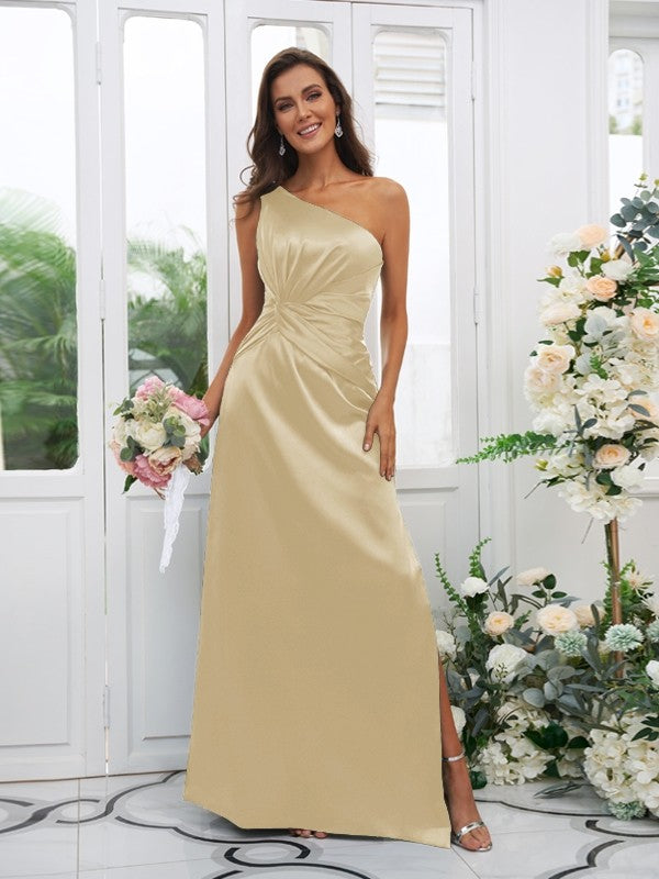 Sheath/Column Woven Satin Ruched One-Shoulder Sleeveless Floor-Length Bridesmaid Dresses