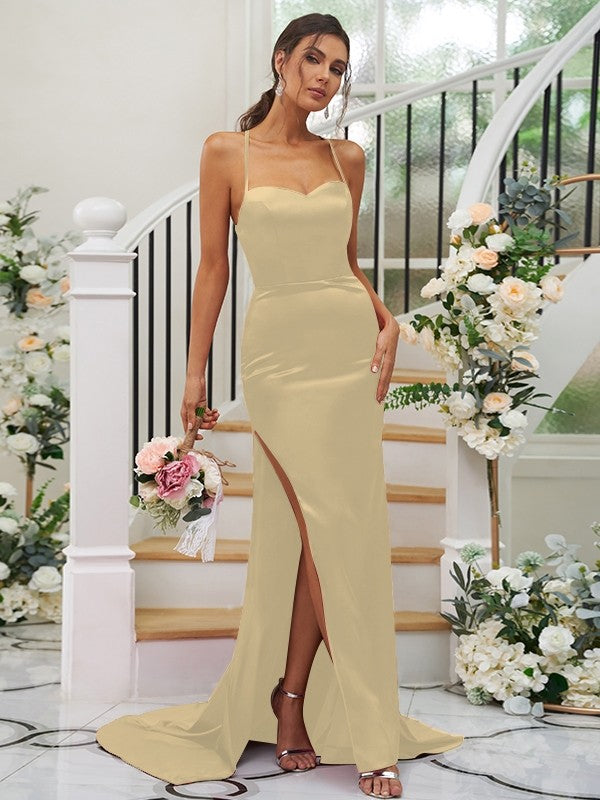 Sheath/Column Woven Satin Ruched Square Sleeveless Sweep/Brush Train Bridesmaid Dresses