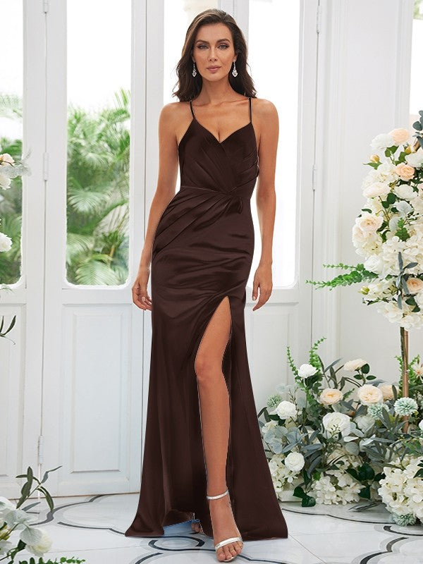 Sheath/Column Woven Satin Ruched Spaghetti Straps Sleeveless Sweep/Brush Train Bridesmaid Dresses
