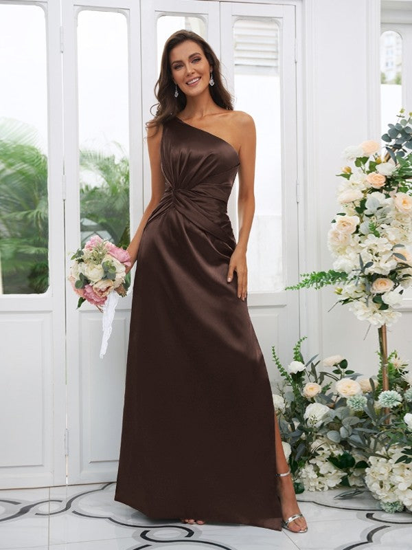 Sheath/Column Woven Satin Ruched One-Shoulder Sleeveless Floor-Length Bridesmaid Dresses