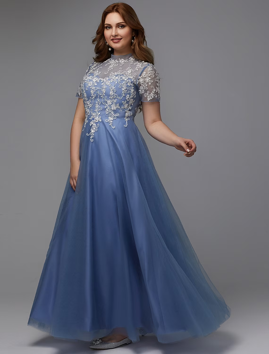 A-Line Plus Size Dress Wedding Guest Floor Length Short Sleeve High Neck Lace Lace-up with Appliques Mother of the Bride Dresses