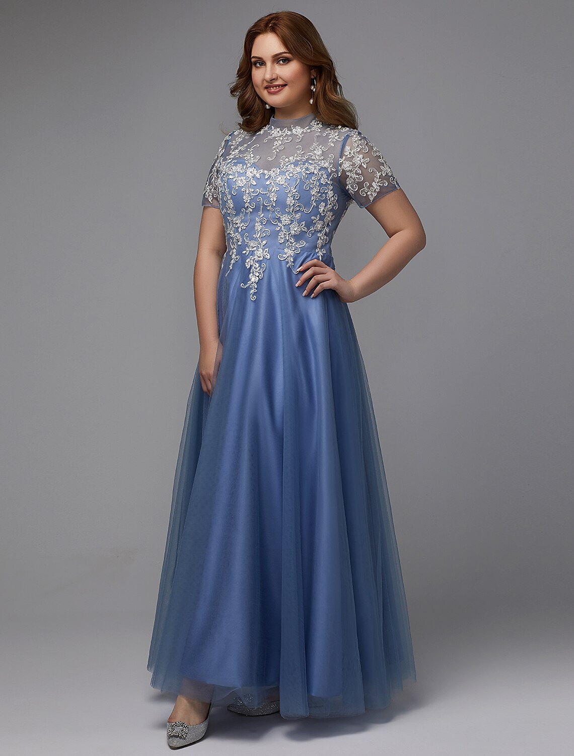 A-Line Plus Size Dress Wedding Guest Floor Length Short Sleeve High Neck Lace Lace-up with Appliques Mother of the Bride Dresses