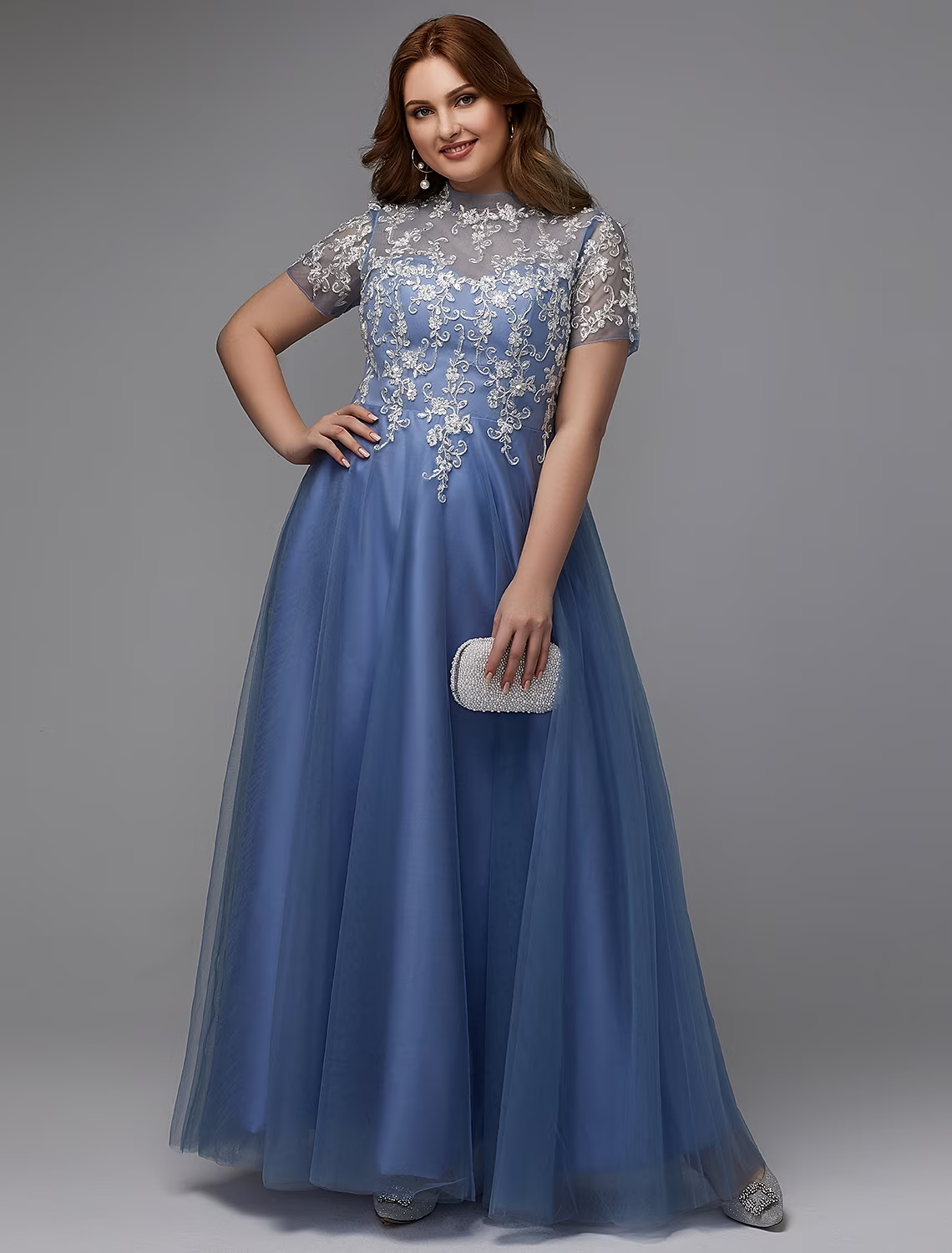 A-Line Plus Size Dress Wedding Guest Floor Length Short Sleeve High Neck Lace Lace-up with Appliques Mother of the Bride Dresses