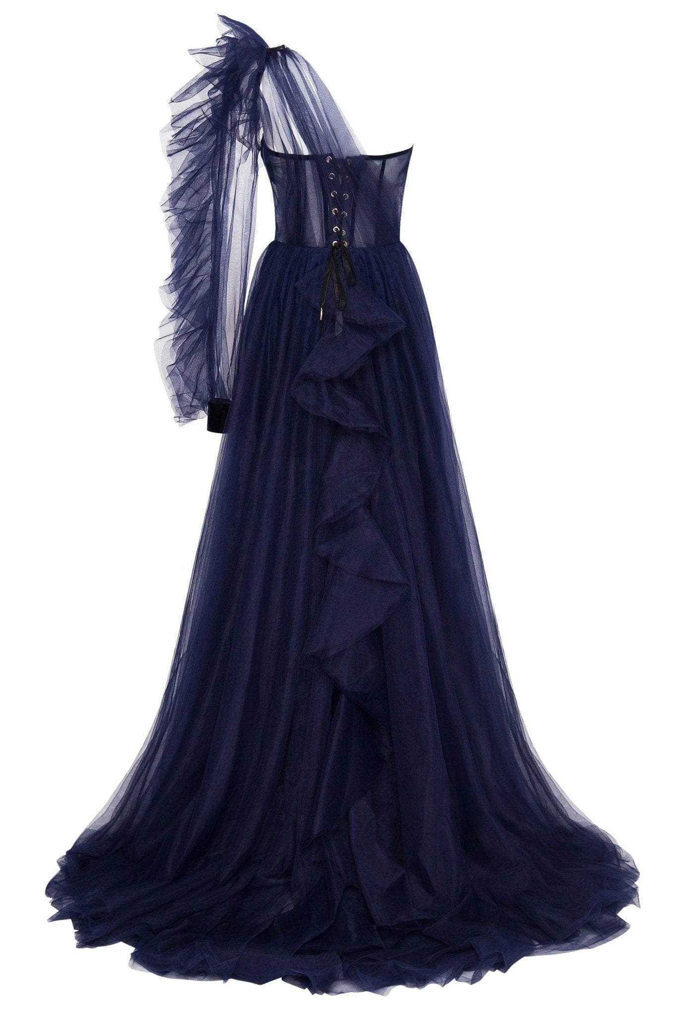 A-Line Evening Gown Black Dress Plus Size Wedding Guest Engagement Court Train Long Sleeve One Shoulder Wednesday Addams Family Tulle with Ruffles Slit