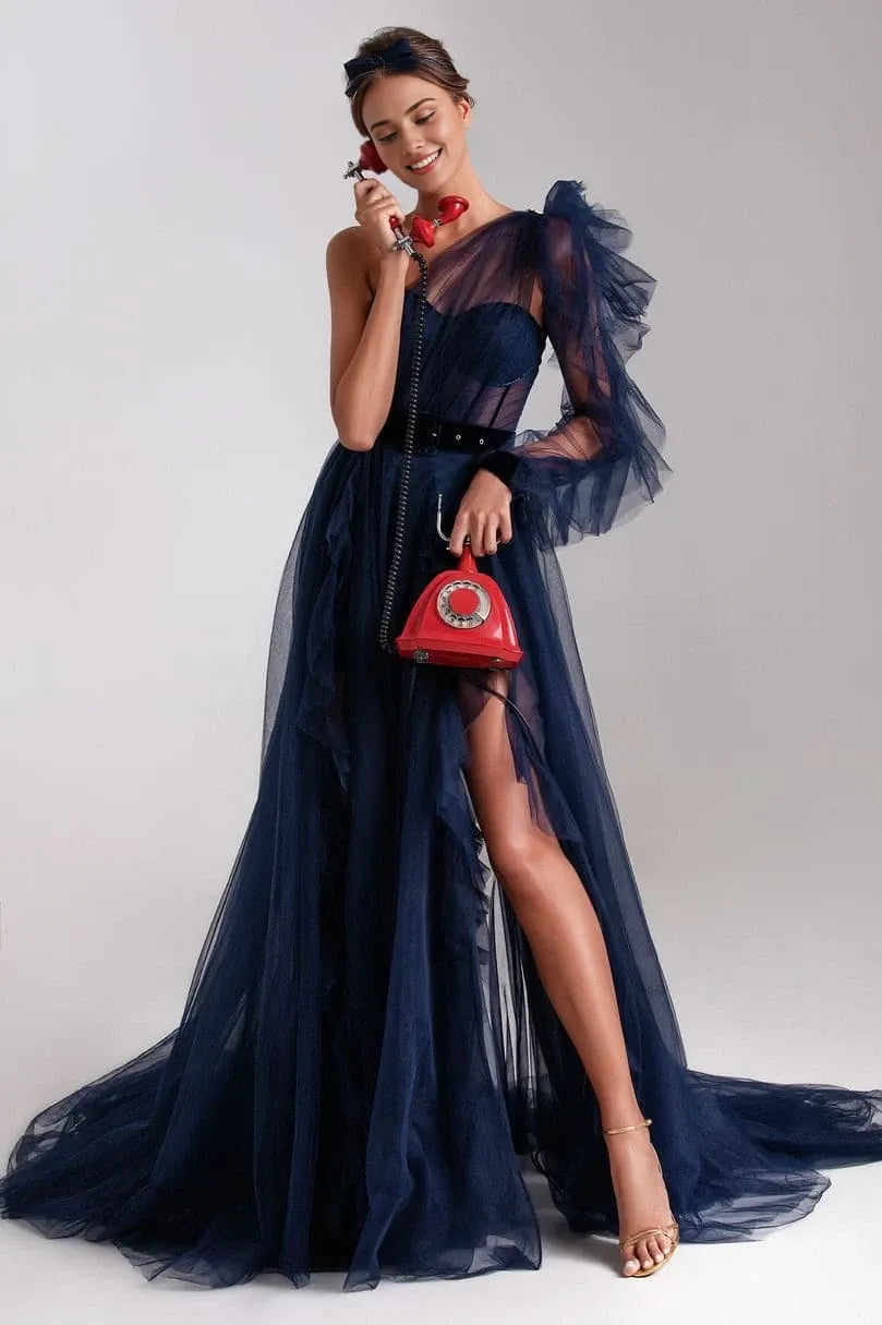A-Line Evening Gown Black Dress Plus Size Wedding Guest Engagement Court Train Long Sleeve One Shoulder Wednesday Addams Family Tulle with Ruffles Slit