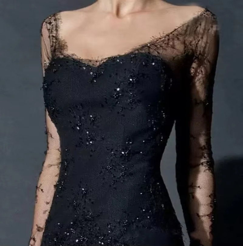 Sheath Party Dress Sexy Engagement Formal Black Dress Plus Size Evening Dress Scoop Neck Long Sleeve Floor Length Chiffon with Beading Lace Insert Split Front