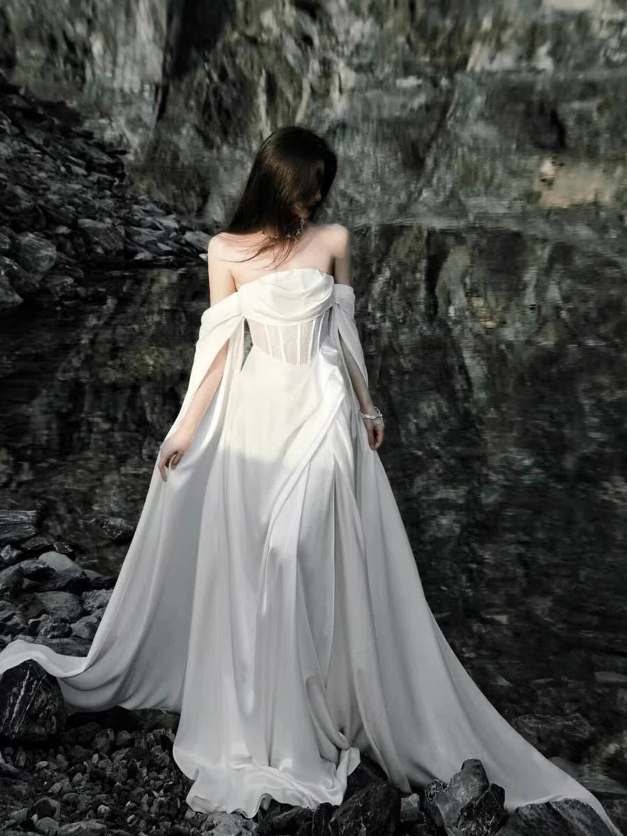 Off-shoulder A-line Cheap Long Wedding Dresses Online,RBWD0022 main image 0