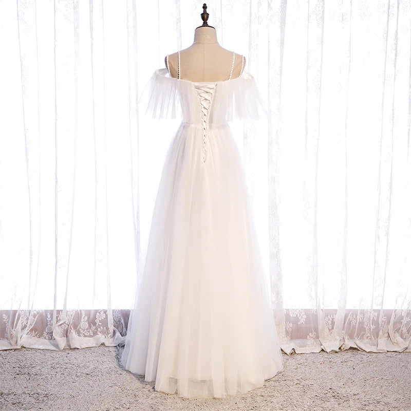 Wedding Dress A Line Bead String Shoulder Straps Tulle Long Simple Formal Wear Dresses
