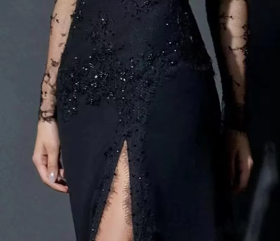 Sheath Party Dress Sexy Engagement Formal Black Dress Plus Size Evening Dress Scoop Neck Long Sleeve Floor Length Chiffon with Beading Lace Insert Split Front