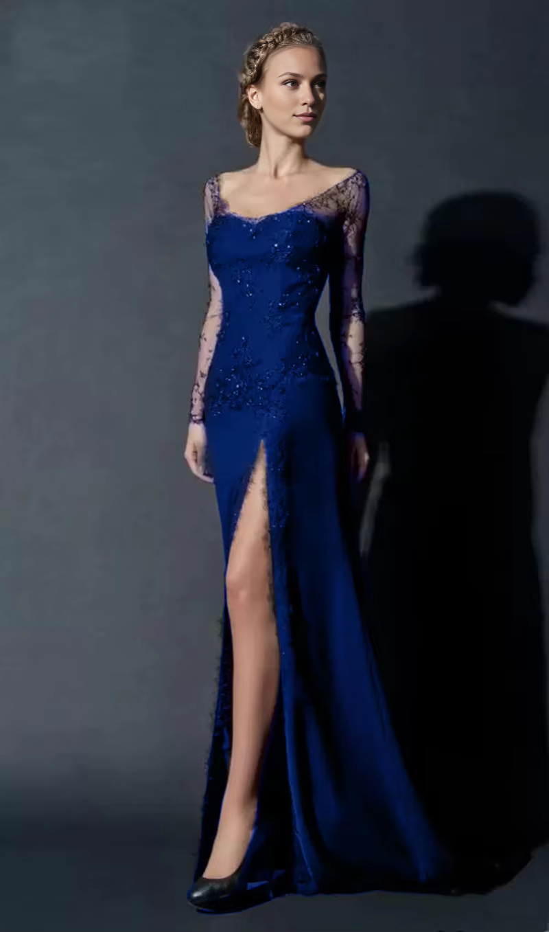 Sheath Party Dress Sexy Engagement Formal Black Dress Plus Size Evening Dress Scoop Neck Long Sleeve Floor Length Chiffon with Beading Lace Insert Split Front