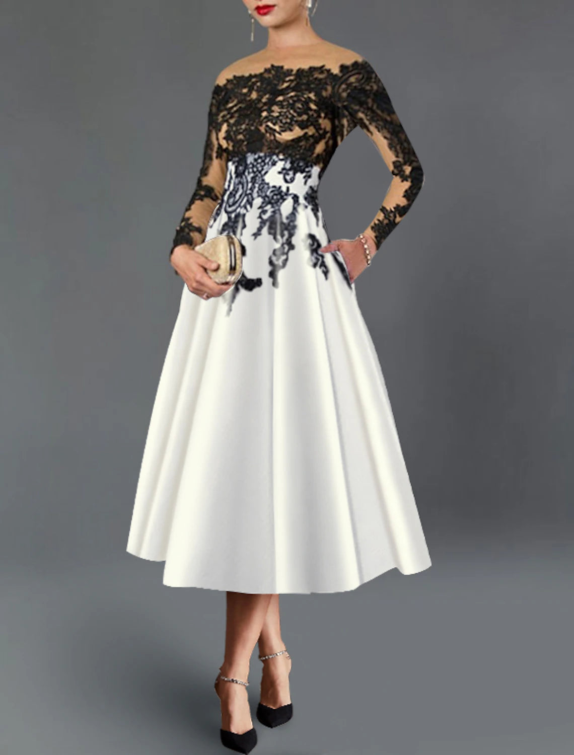 A-Line Cocktail Dresses Elegant Dress Fall Wedding Guest Dress For Mother Color Block Formal Tea Length 3/4 Length Sleeve Off Shoulder Pocket Satin with Embroidery Pocket Mother of the Bride Dresses