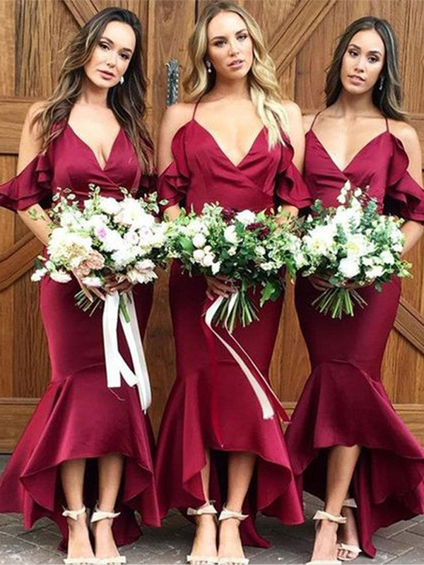 Trumpet/Mermaid Woven Satin Ruffles Spaghetti Straps Sleeveless Asymmetrical Bridesmaid Dresses