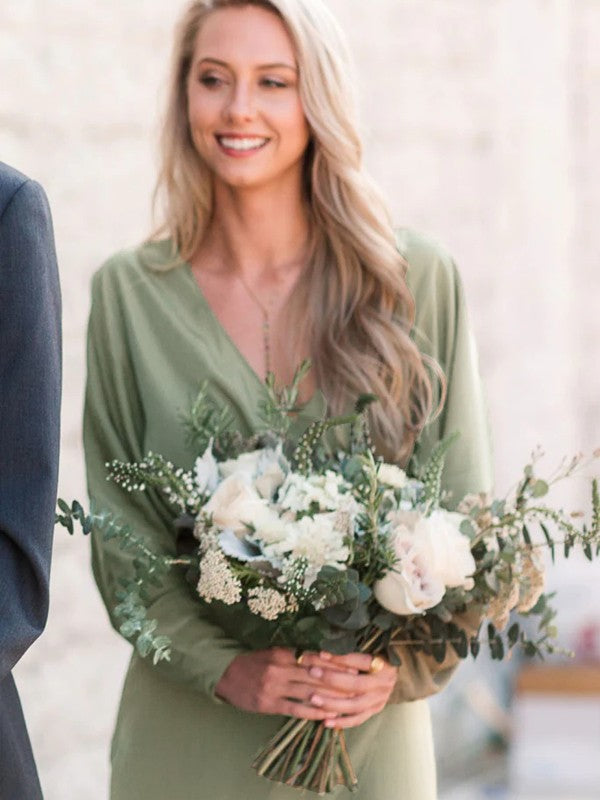 Sheath/Column NS Woven Satin Ruched V-neck Long Sleeves Floor-Length Bridesmaid Dresses