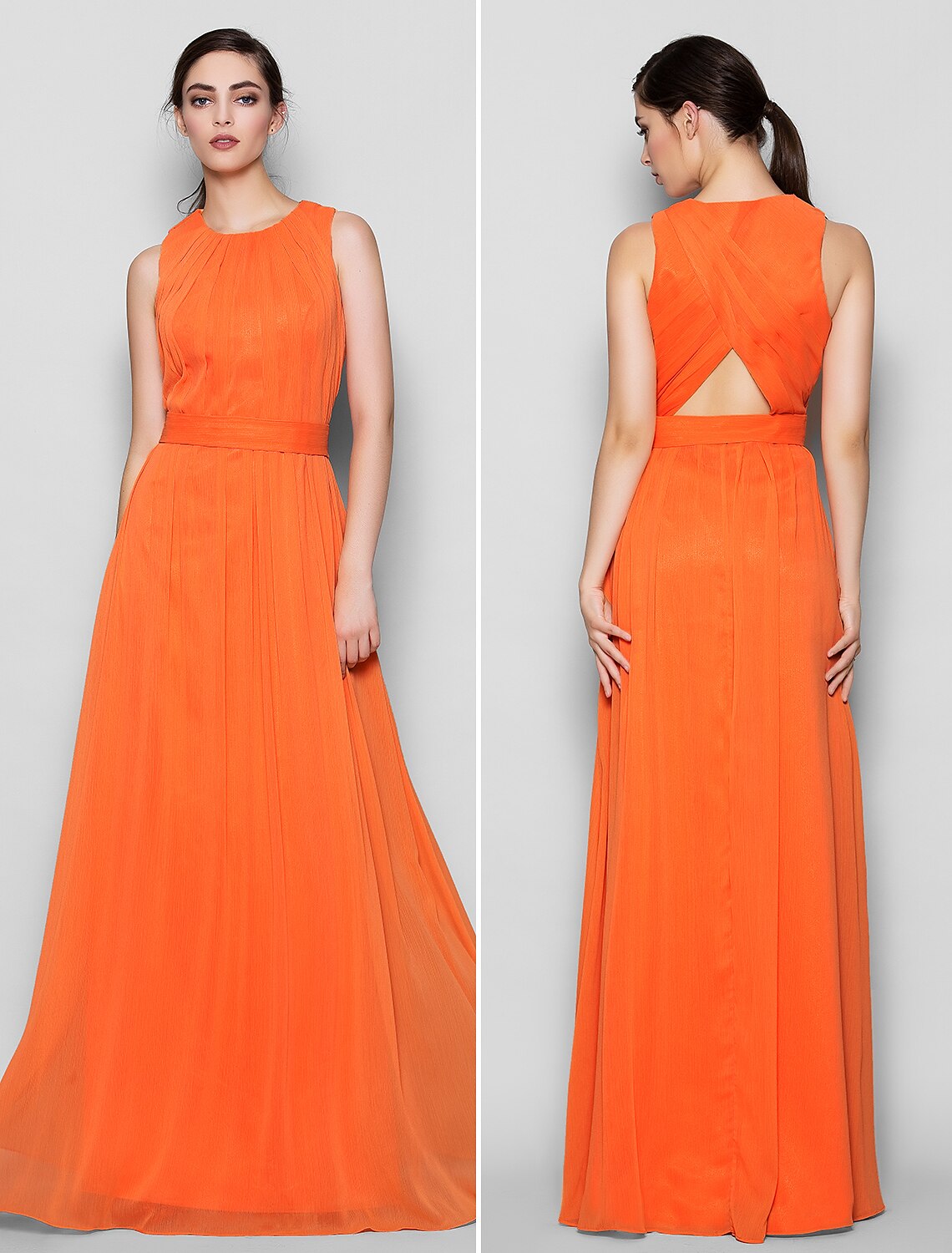 A-Line Bridesmaid Dress Jewel Neck Sleeveless Elegant Floor Length Chiffon with Criss Cross